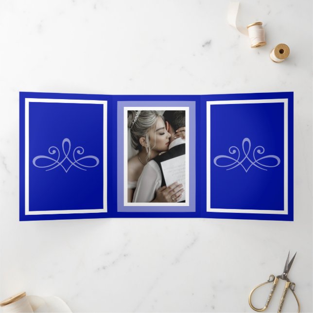 Cobalt blue wedding Customizable photo Tri-Fold Programme (Inside)