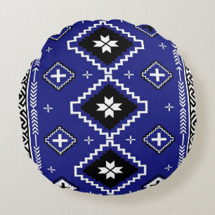 Cobalt Blue Western Geometric Folk Art Pattern Round Pillow
