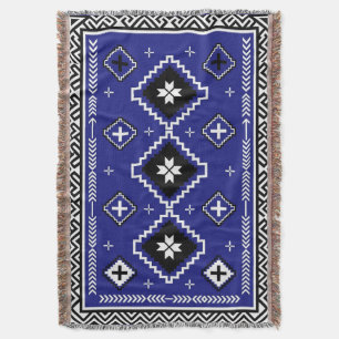 Cobalt Blue Western Geometric Folk Art Pattern Throw Blanket