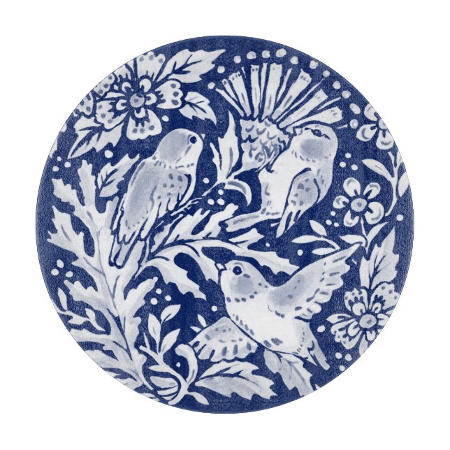 Cobalt Blue White Bird Thistle Rustic Chinoiserie Cutting Board (Front)