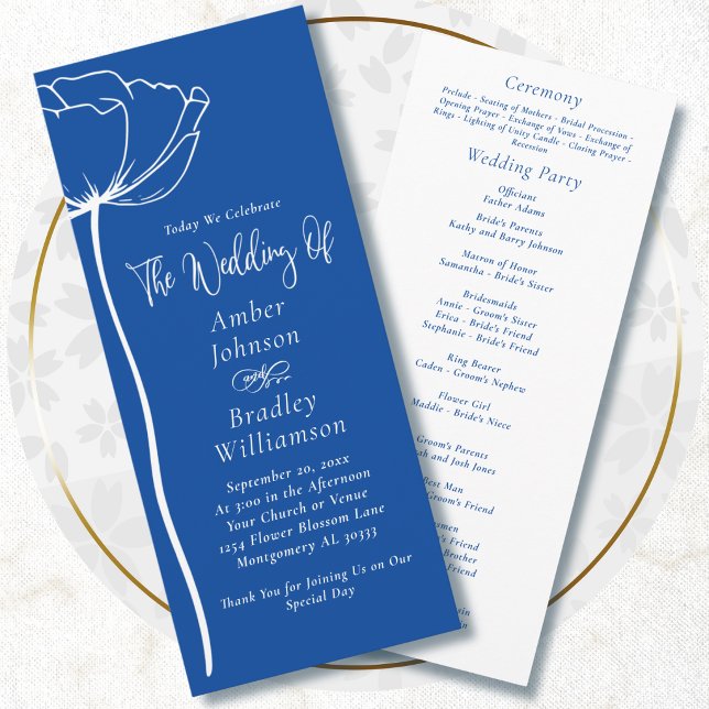 Cobalt Blue White Floral Script Simple Wedding Program (Creator Uploaded)