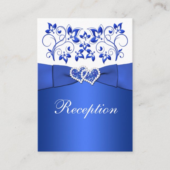 Cobalt Blue, White Floral Wedding Reception Card (Front)