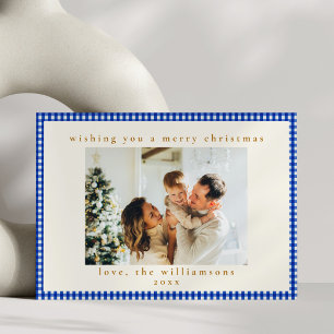 Cobalt Blue White Gingham Check Family Christmas Holiday Card