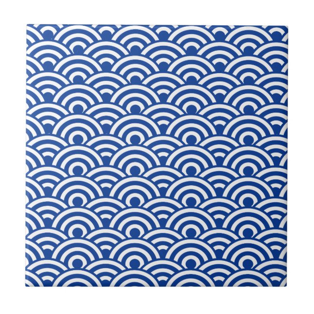 Cobalt Blue White Japanese Wave Pattern Tile (Front)