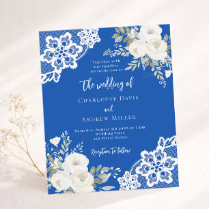 Cobalt blue white lace wedding invitation