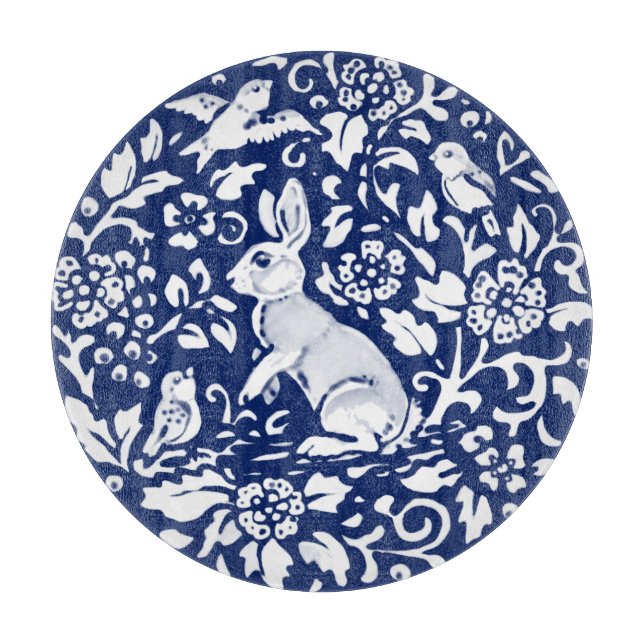 Cobalt Blue White Rabbit Bunny Bird Gorgeous Cutting Board (Front)