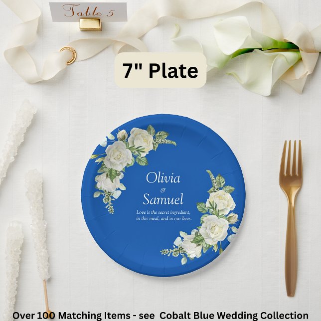 Cobalt Blue & White Roses  7" Paper Plate (Creator Uploaded)