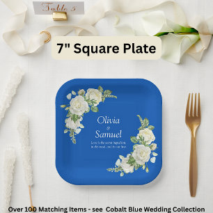 Cobalt Blue & White Roses  7" Square Paper Plate