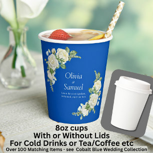Cobalt Blue & White Roses 8oz Paper Cups