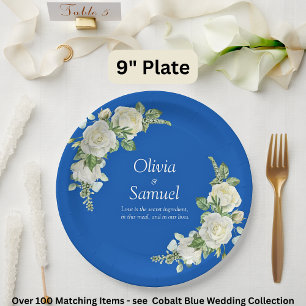 Cobalt Blue & White Roses 9" Paper Plate