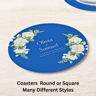 Cobalt Blue & White Roses Round Paper Coaster