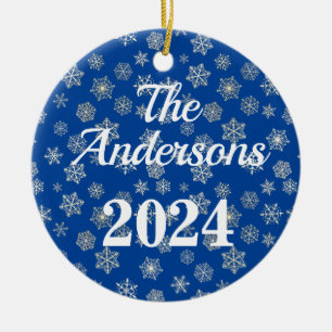 Cobalt Blue with Snowy Background Personalized Ceramic Ornament