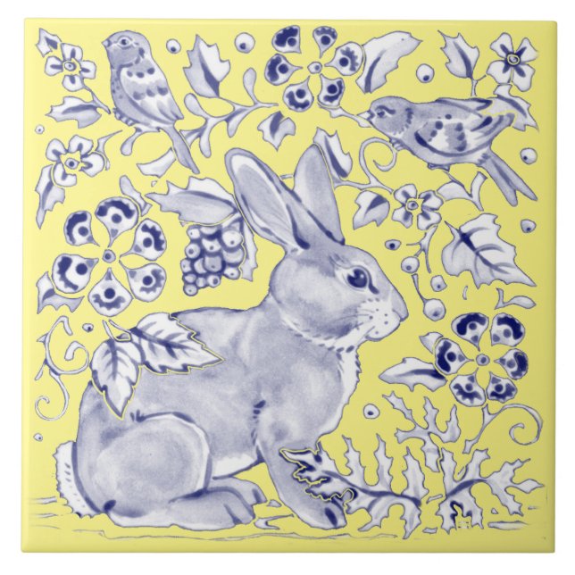 Cobalt Blue Yellow Rabbit Bird Woodland Floral Tile (Front)