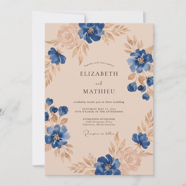 Cobalt Champagne Leafy Wedding Invitation (Front)