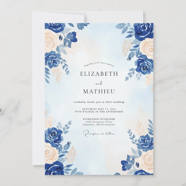 Cobalt Cream Petal Wedding Invitation (Front)