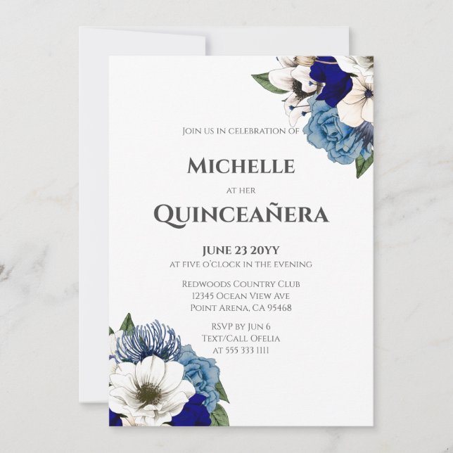 Cobalt Dusty Blue Watercolor Floral Quinceañera Invitation (Front)