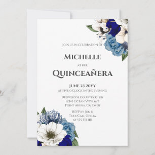 Cobalt Dusty Blue Watercolor Floral Quinceañera Invitation