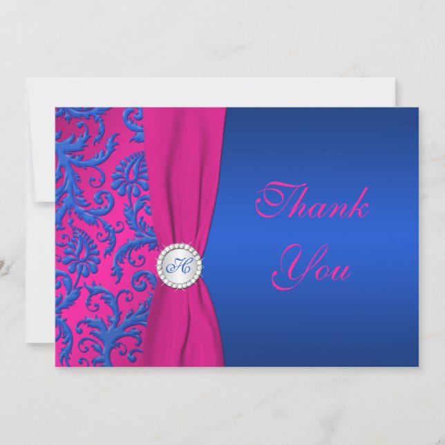 Cobalt et Fuchsia Damask Monogram Carte de remerci (Devant)