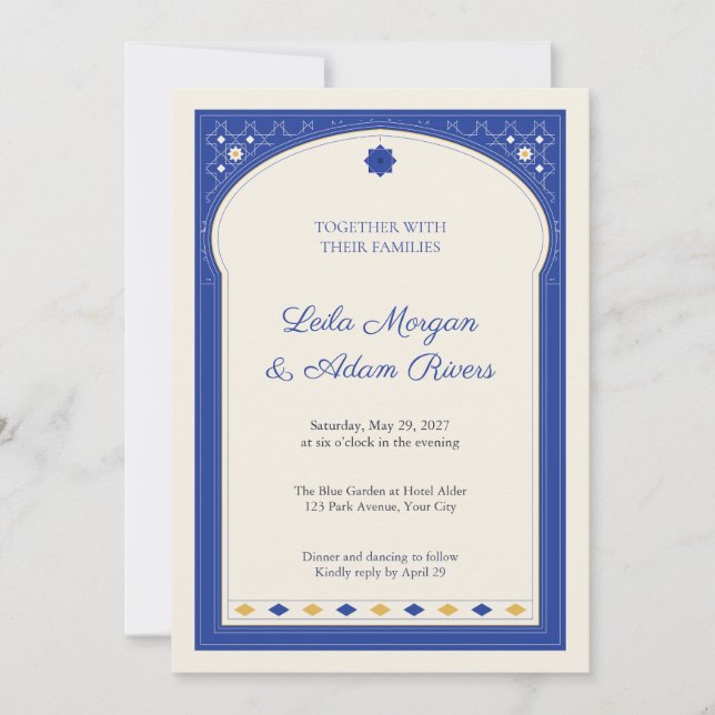Cobalt Moroccan Tile Arch Wedding Invitation (Front)