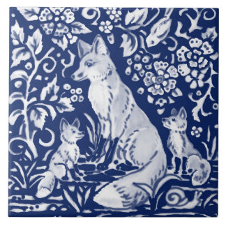 Cobalt Navy Blue Cobalt Fox Family Floral Animal Tile