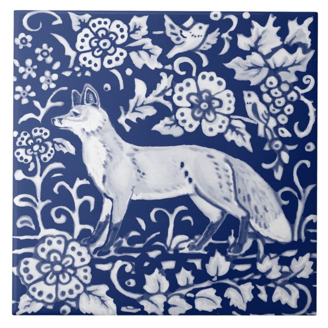 Cobalt Navy Blue Cobalt Fox Woodland Floral Morris Tile (Front)