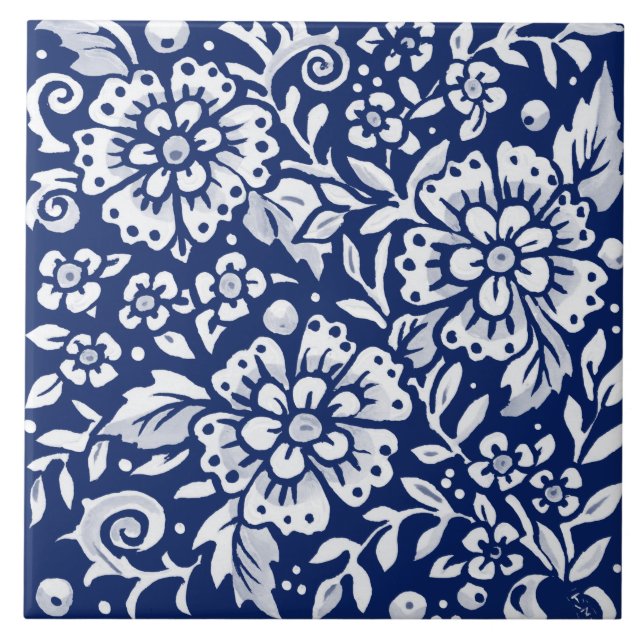 Cobalt Navy Blue Floral Flower Leaf Intricate  Tile (Front)