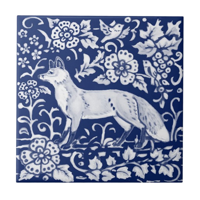 Cobalt Navy Blue Fox Woodland Floral 4 1/4"size Tile (Front)