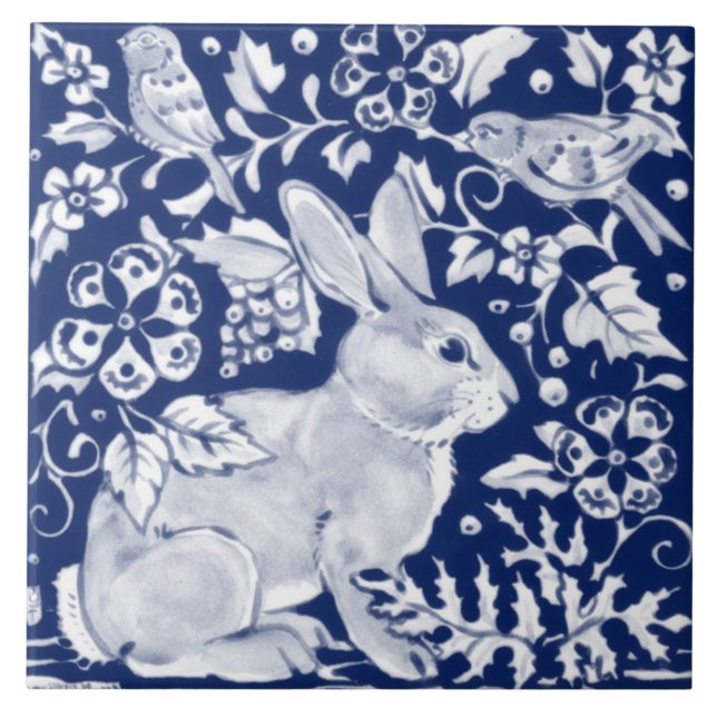 Cobalt Navy Blue Rabbit Bird Dedham Delft Morris  Tile (Front)