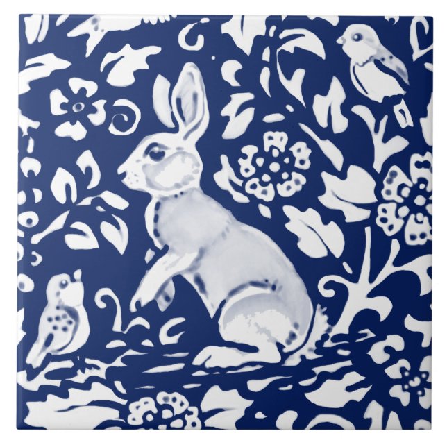 Cobalt Navy Blue Rabbit Bird Dedham Delft Morris Tile (Front)