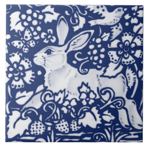Cobalt Navy Blue Rabbit Bunny Dedham Delft Morris  Tile