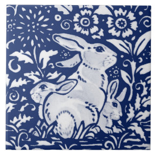 Cobalt Navy Blue Rabbit Bunny Dedham Delft Morris  Tile