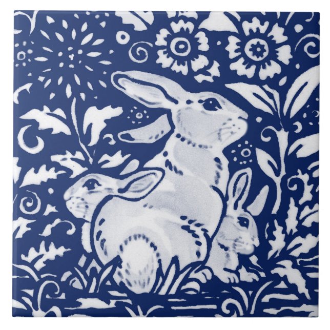 Cobalt Navy Blue Rabbit Bunny Dedham Delft Morris  Tile (Front)