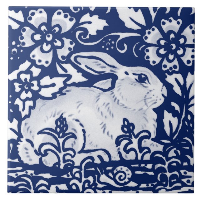 Cobalt Navy Blue Rabbit Bunny Dedham Delft Morris  Tile (Front)