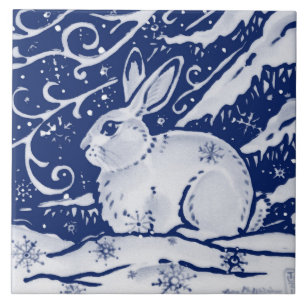 Cobalt Navy Blue Rabbit Winter Snow Scene Dedham Tile
