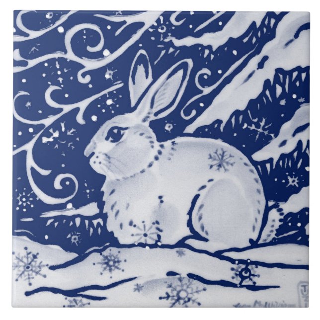 Cobalt Navy Blue Rabbit Winter Snow Scene Dedham Tile (Front)