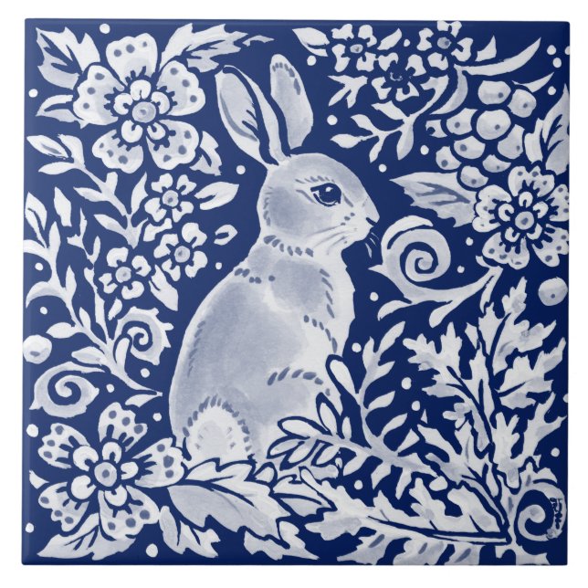 Cobalt Navy Blue Rabbit Woodland Delft Dedham Tile (Front)