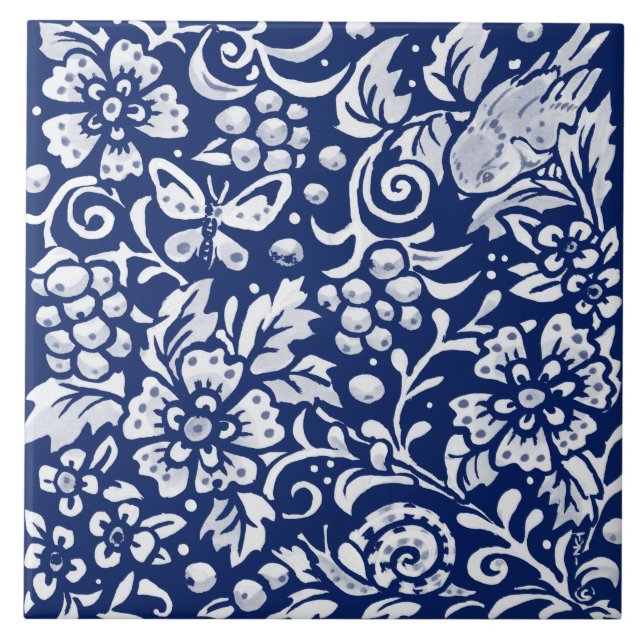 Cobalt Navy Blue Woodland Animal Bird Snail Insect Tile (Front)