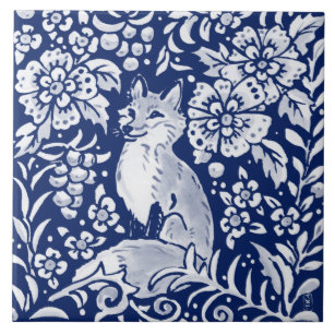 Cobalt Navy Blue Woodland Animal Cute Fox Fern Tile