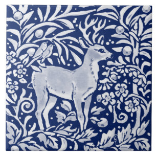 Cobalt Navy Blue Woodland Animal Deer Bird Floral Tile