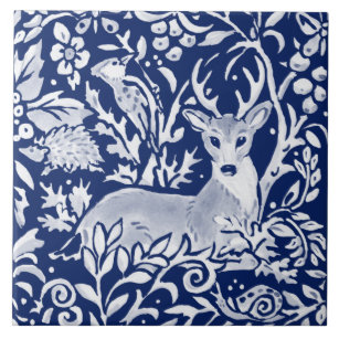 Cobalt Navy Blue Woodland Animal Deer Foliage Tile