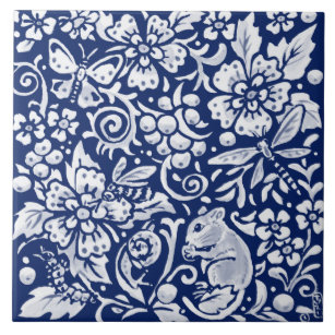 Cobalt Navy Blue Woodland Animal Mouse Bee Insect Tile