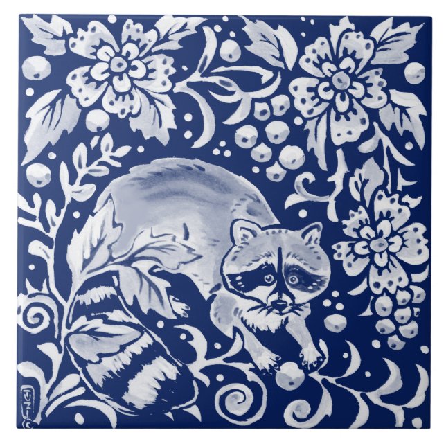 Cobalt Navy Blue Woodland Animal Raccoon Fruit Tile (Front)