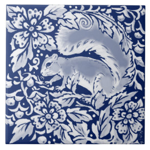Cobalt Navy Blue Woodland Animal Squirrel in Tree Tile