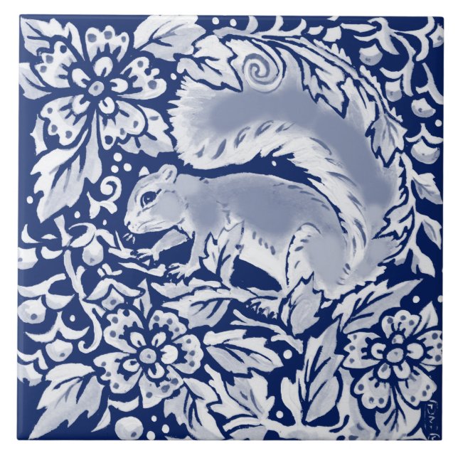 Cobalt Navy Blue Woodland Animal Squirrel in Tree Tile (Front)
