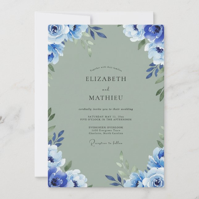Cobalt Olive Hydrangea Eucalyptus Wedding Invitation (Front)