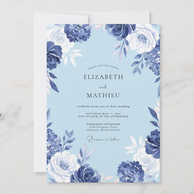 Cobalt Painted Bloom Wedding Invitation (Front)