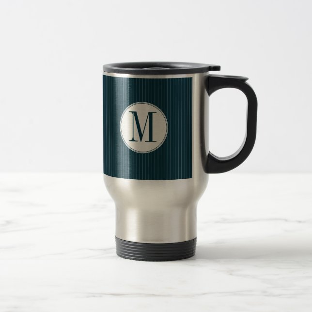 Cobalt Pinstripe Single Monogram Travel Mug (Right)