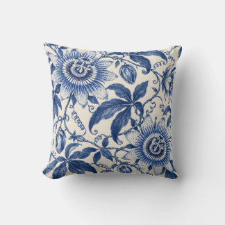 Cobalt Porcelain Passionflower Vine Throw Pillow