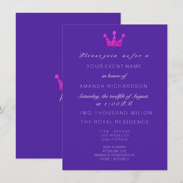 Cobalt  Purple PinkCrown Royal Glitter 16th Bridal Invitation (Front/Back)