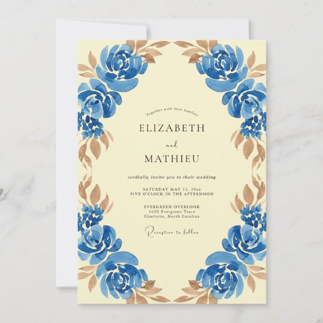 Cobalt Ranunculus Eucalyptus Wedding Invitation (Front)